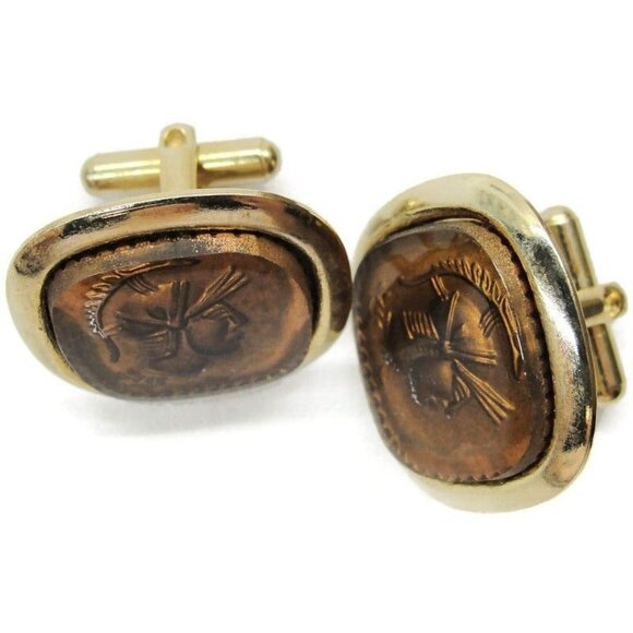 Roman Gladiator Gold Tone Acrylic Square Cufflinks Tux Shirt Dress Suit Vintage - Picture 6 of 9